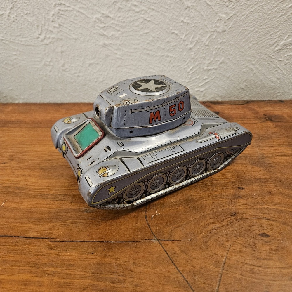 Litho Tin U.S. Army Friction Toy Tank M 50 Tin Vintage Japan READ
